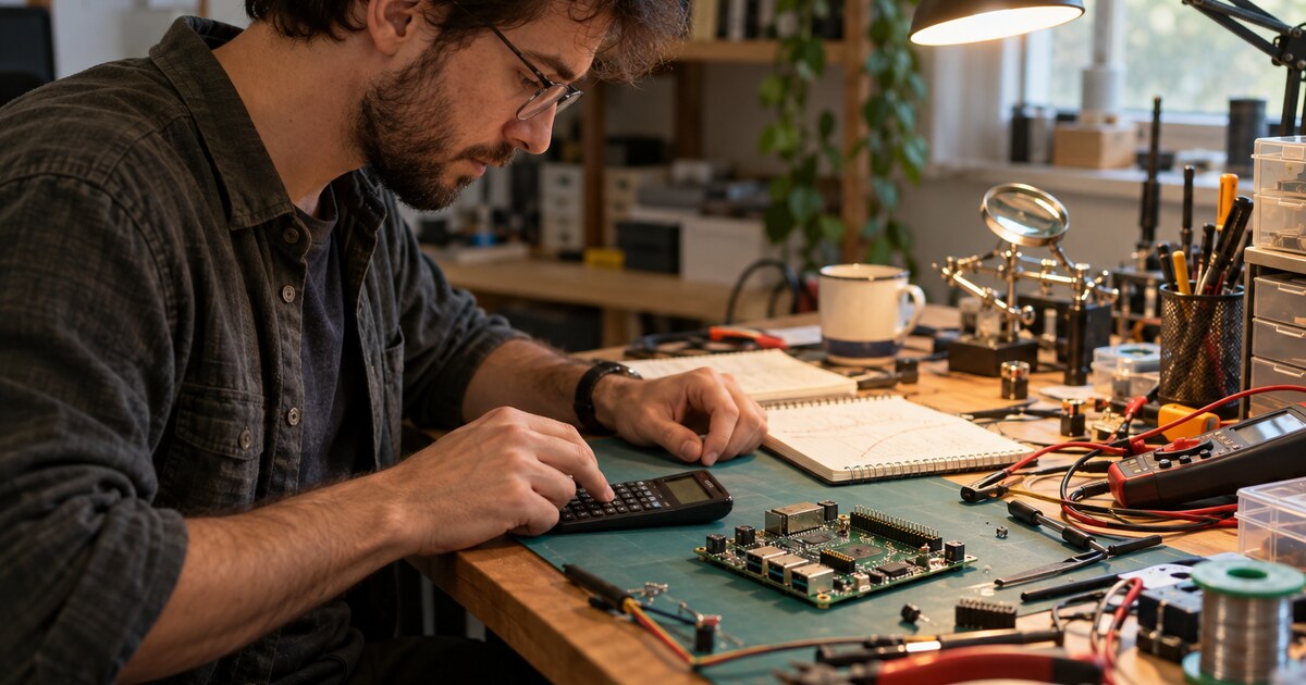 An electronics hobbyist uses a calculator beside an unbranded circuit board on a home workbench.