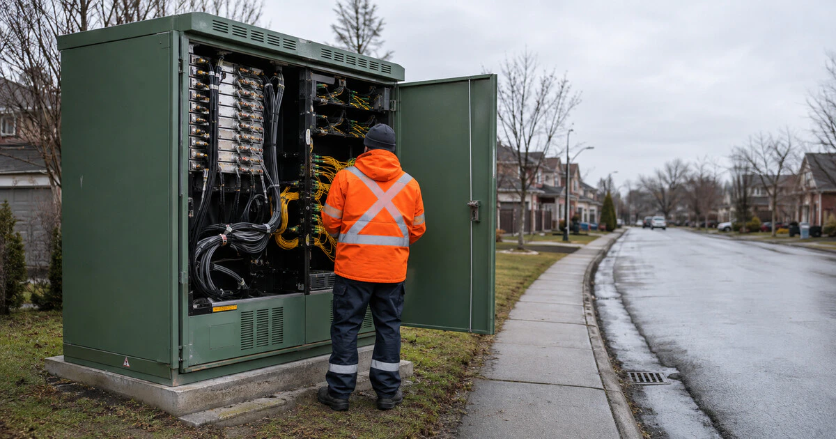 Man handling fibre cables at a Cogeco installation in a neighborhood