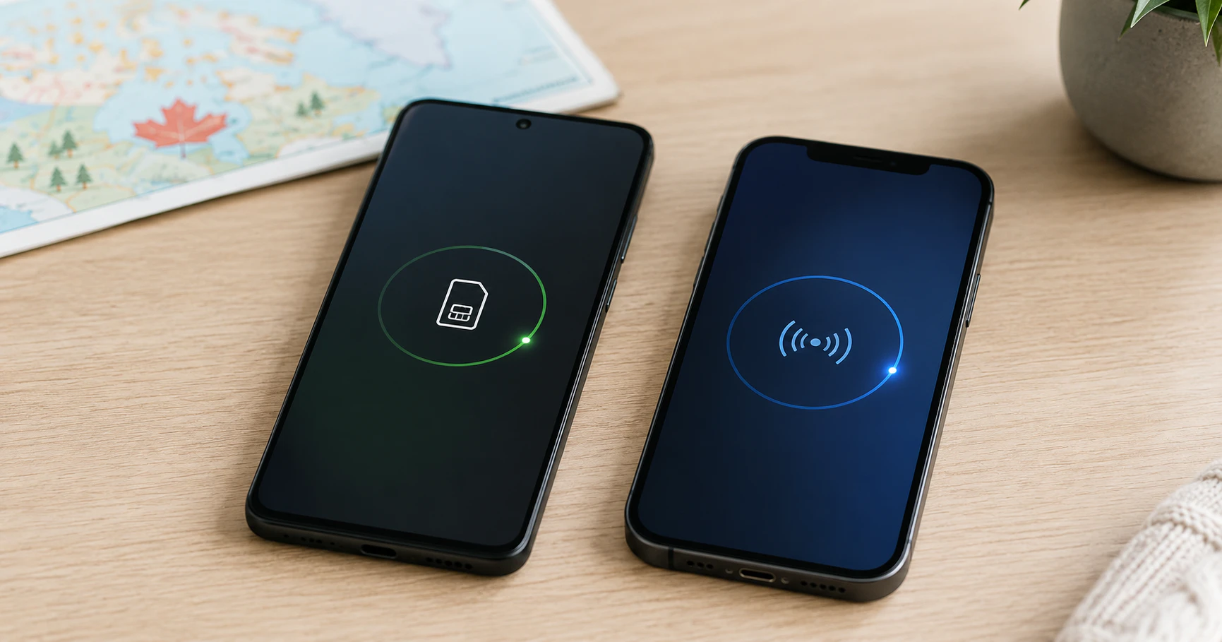 Two unbranded smartphones side by side during a mobile-service transfer