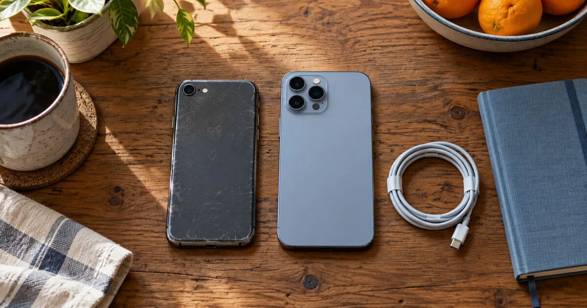 A worn phone and a newer phone lie face down beside a charging cable.