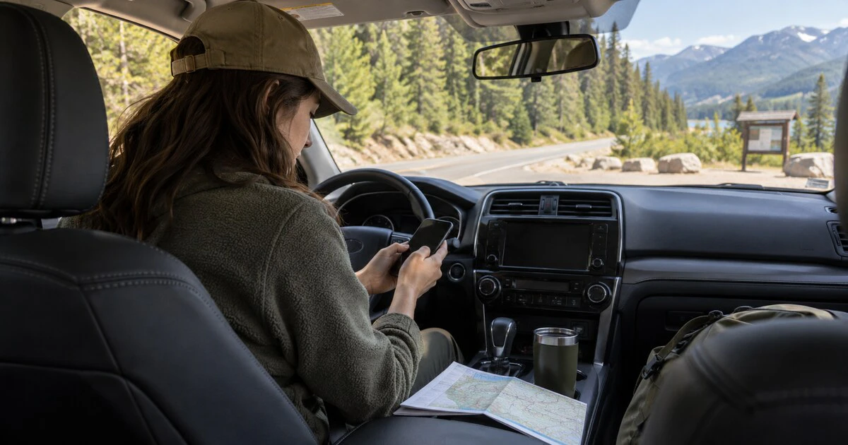 A traveller checks a phone in a parked car before entering a remote mountain road.