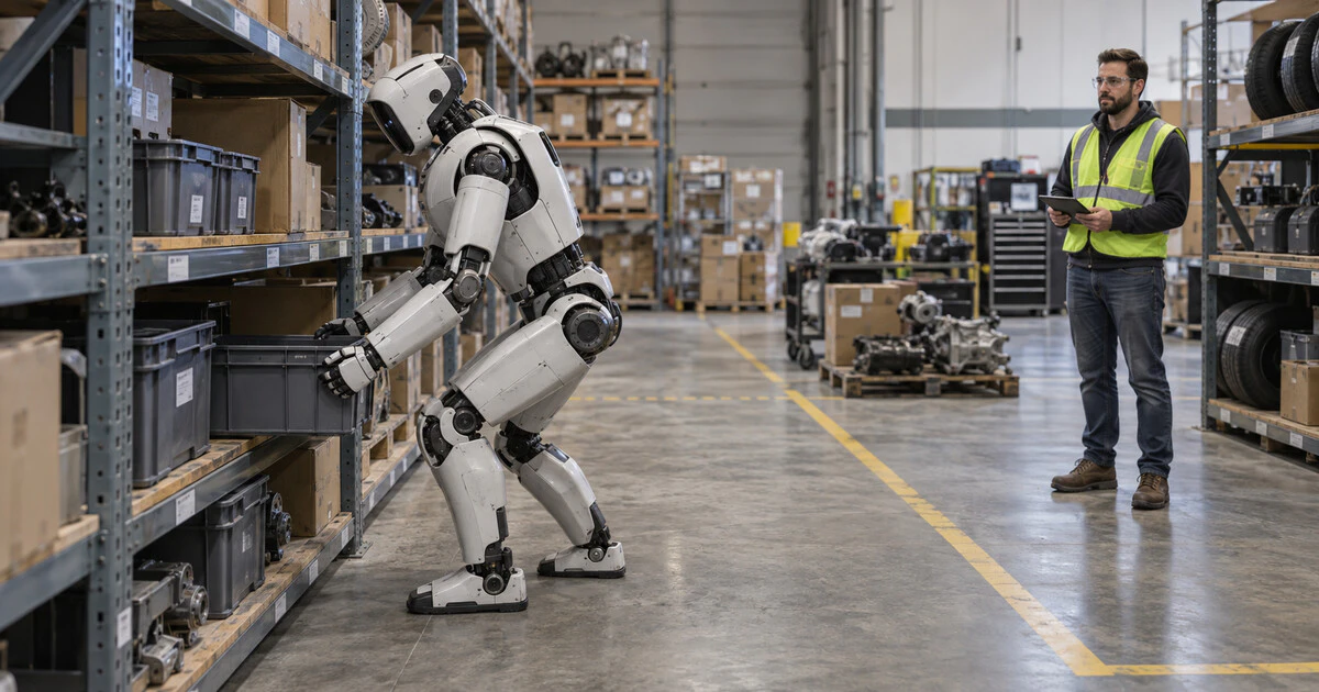 A humanoid robot retrieves a storage bin while a safety engineer observes.