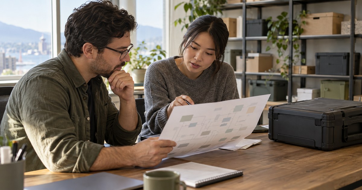 Two IT colleagues review a dependency map beside a portable equipment case in an illustrative office scene.