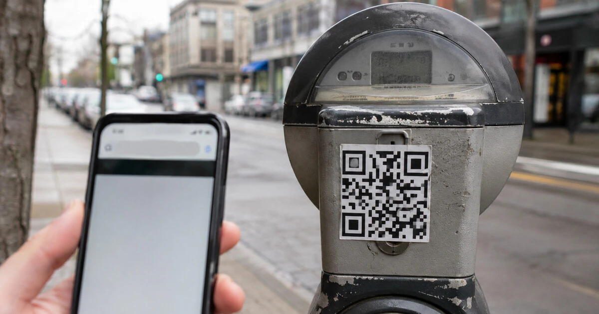 A QR code publicly displayed on a parking meter