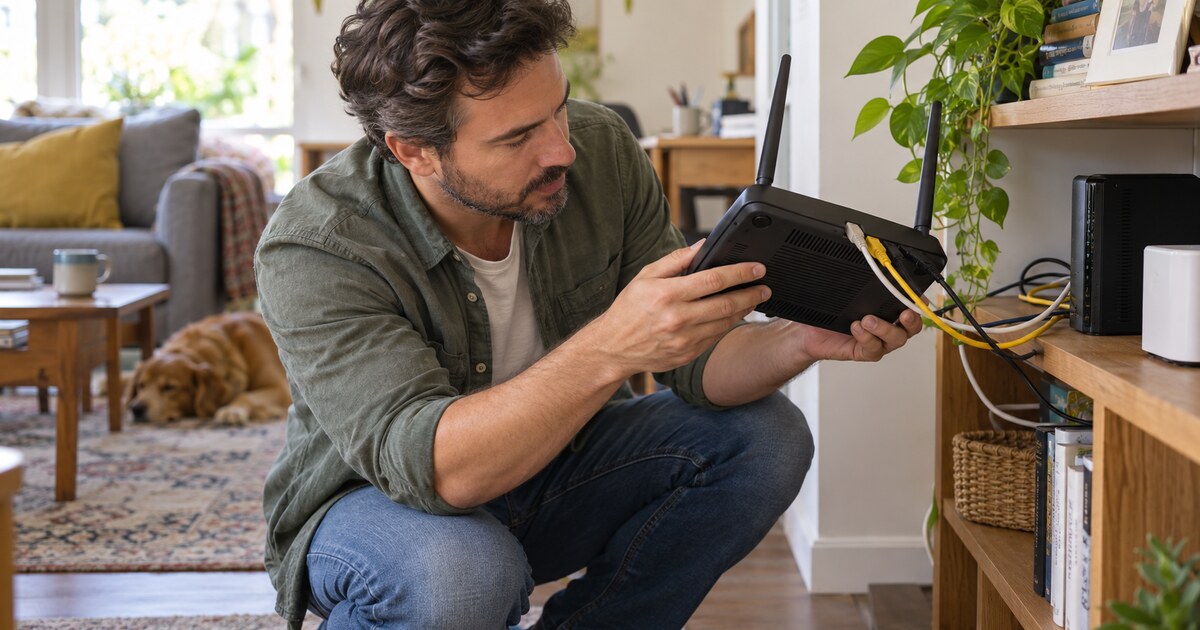 A homeowner checks the underside of a Wi-Fi router beside a living-room shelf.