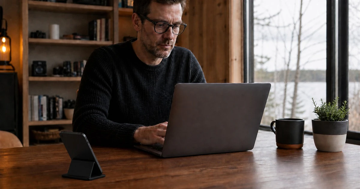 Canadian laptop user working beside an unbranded smartphone positioned with its screen facing him during hotspot use