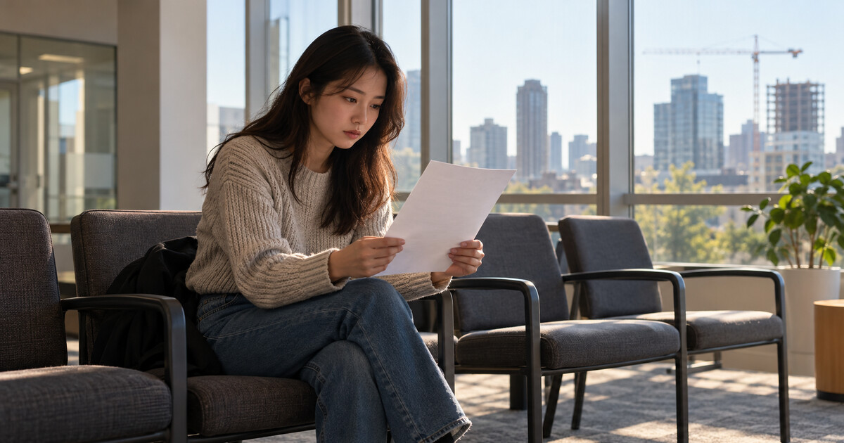 A recent graduate reads a job description in a career centre with city construction visible outside.