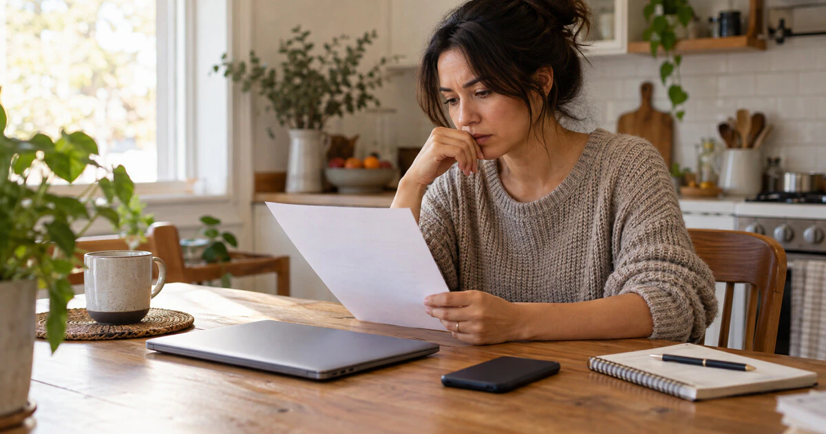 A woman reads the front of a printed notice at a kitchen table.