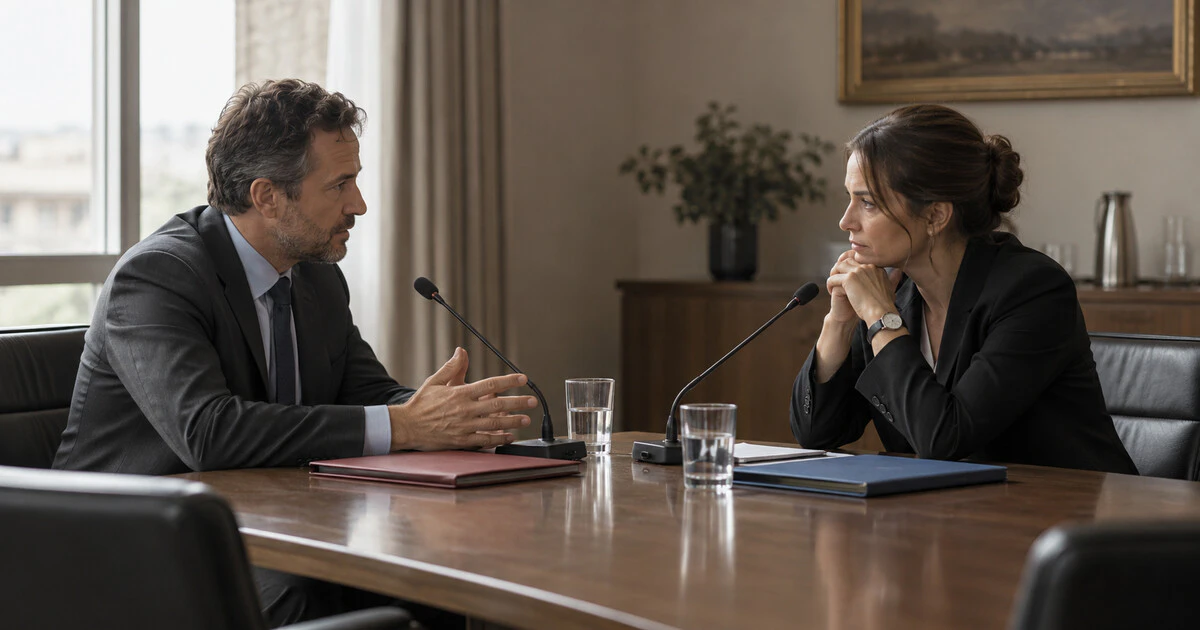 Two policy advisers hold a serious discussion across a conference table.
