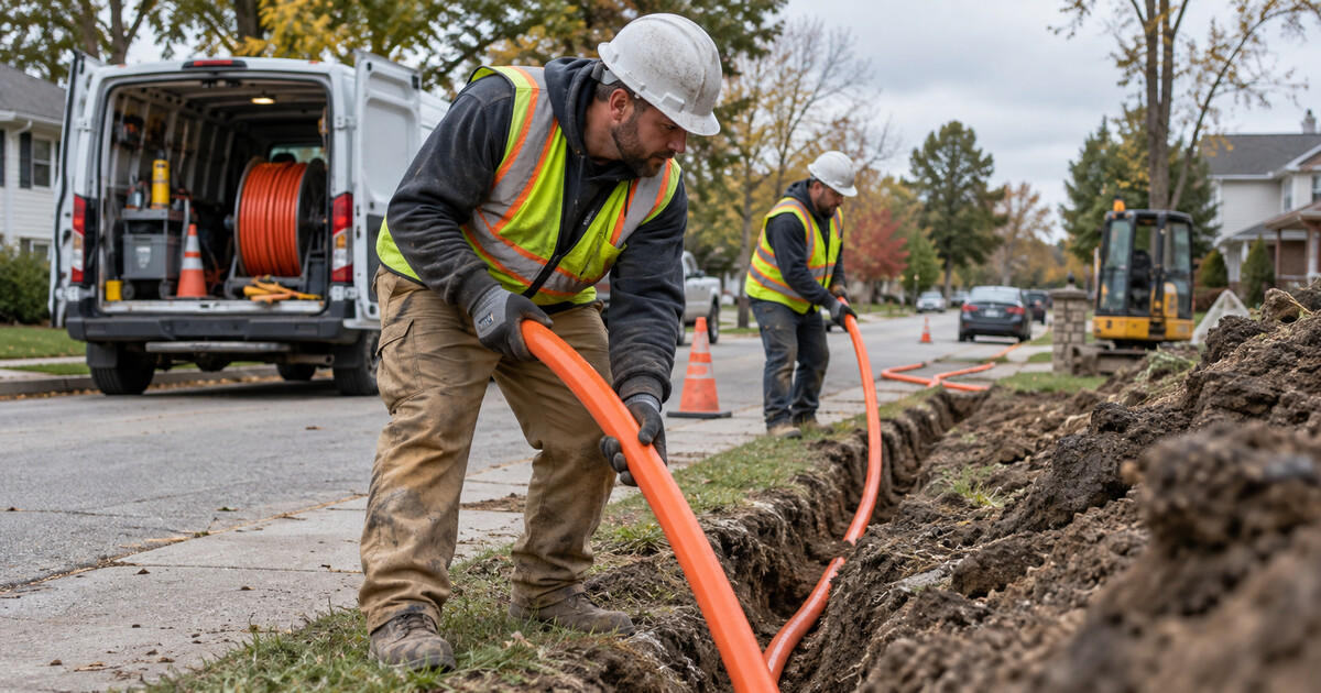 Telecom workers install orange fibre conduit along a suburban street.