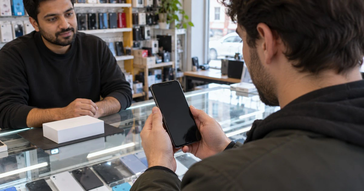 A buyer examines the front screen of a used phone at a resale counter.