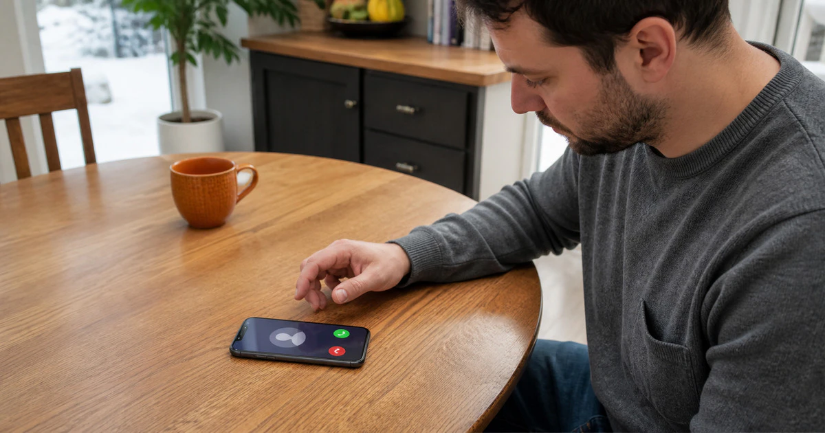 Canadian phone user considering an unknown call on a face-up smartphone at a kitchen table