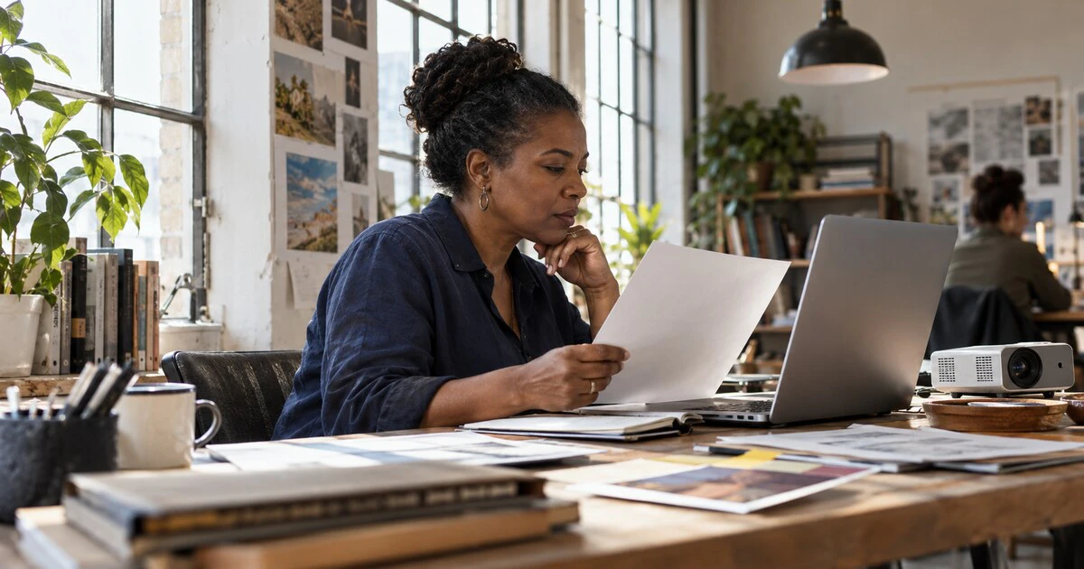 An editor compares a printed page with a laptop in a daylight design studio.