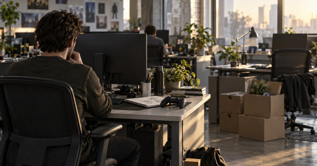 A game developer sits at a workstation beside packed boxes in a quiet studio.