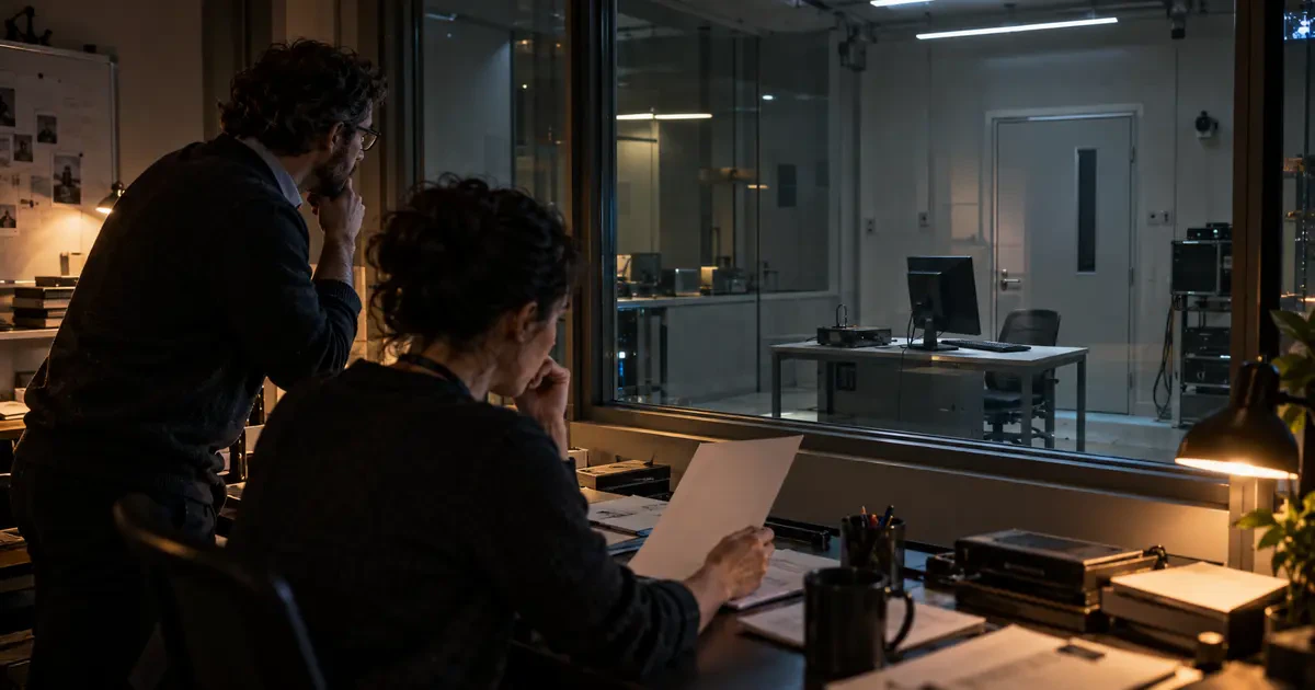 Two security researchers monitor an isolated computer test room through a glass partition at night.