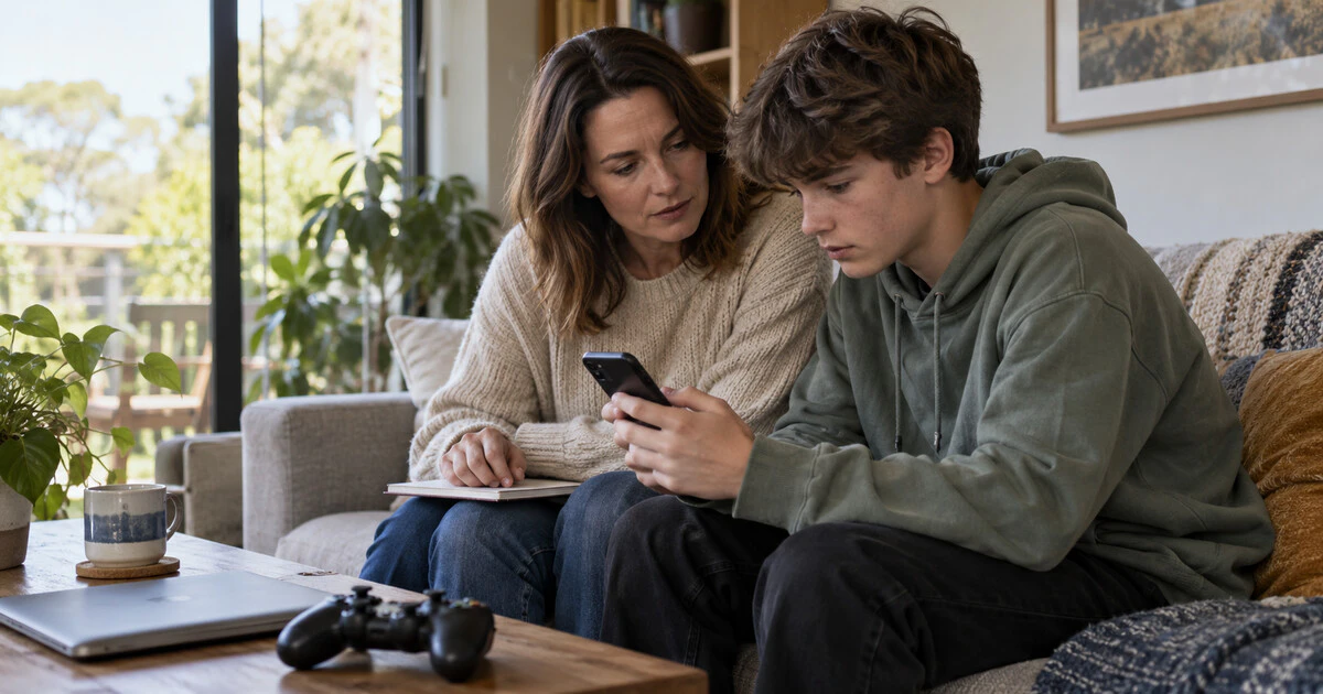 A parent and teenager review a phone together in a living room.