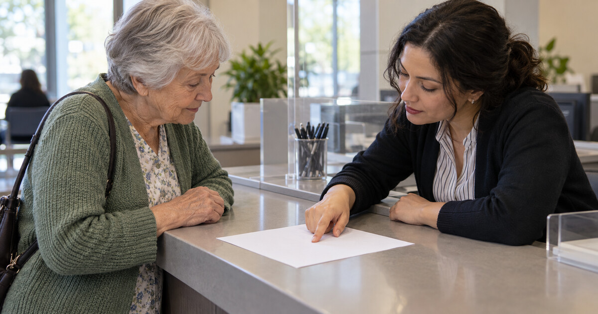 A public-service clerk helps an older visitor with a paper form at a counter.