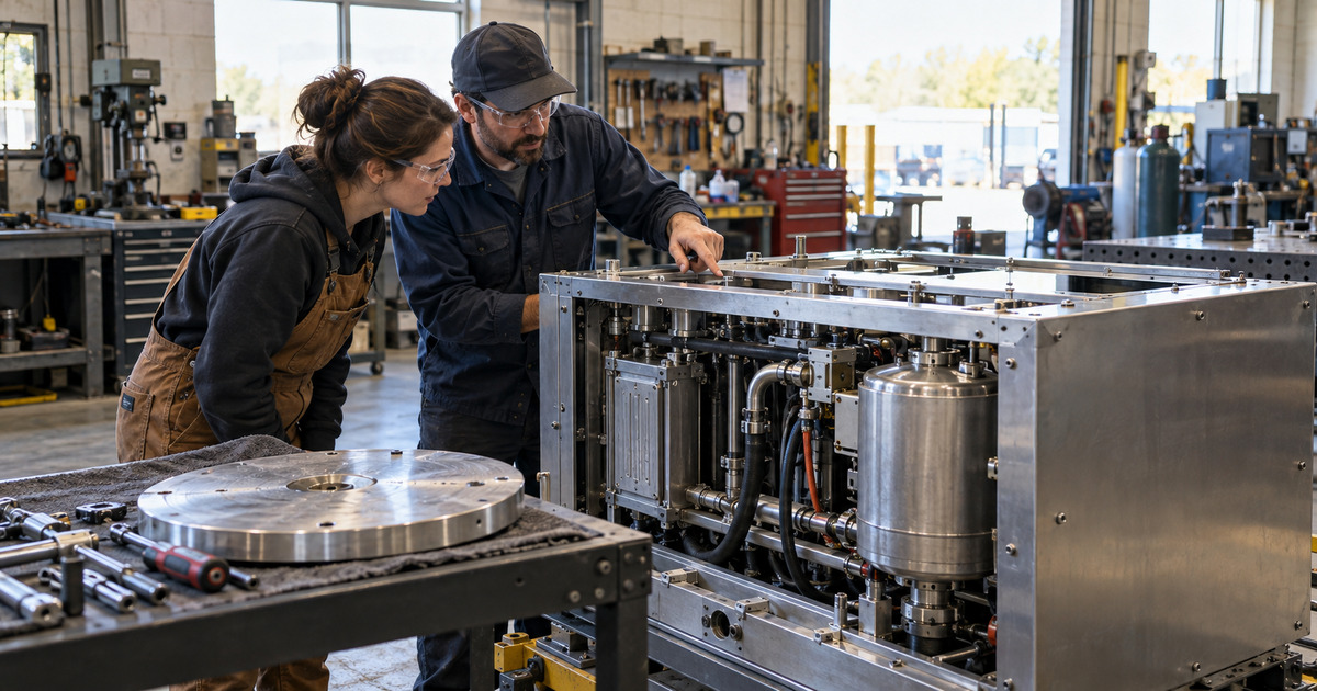 Two technicians inspect an unbranded energy prototype in an illustrative industrial workshop.