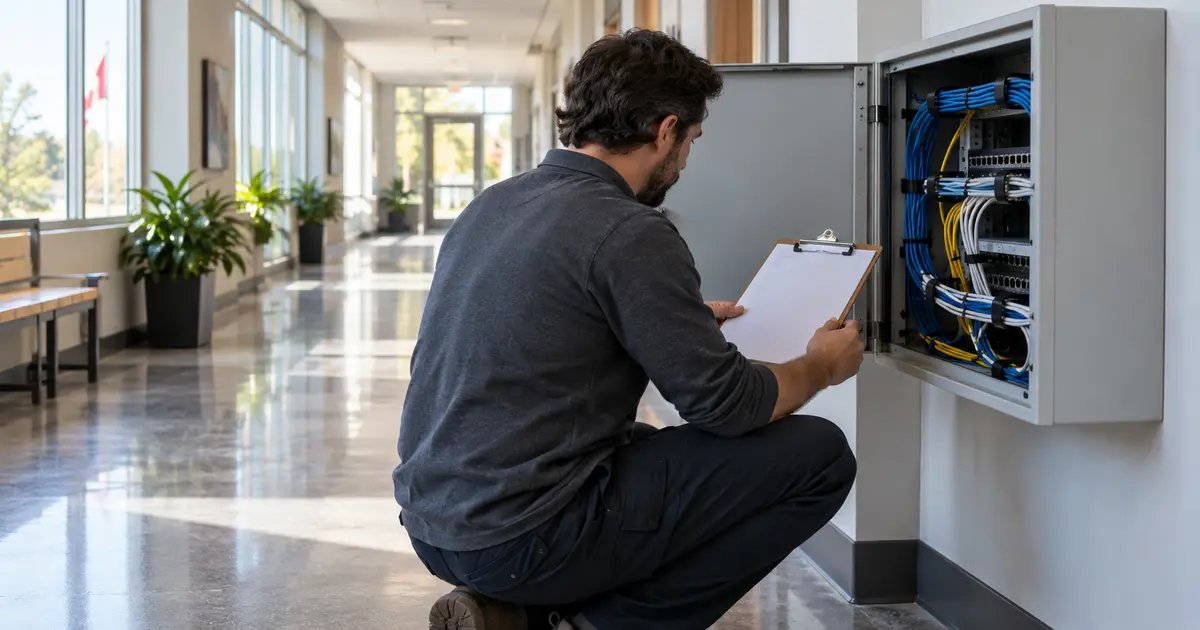 A network technician checks equipment in a municipal building.
