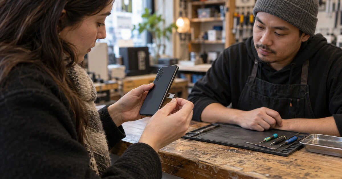 A customer removes a phone's SIM tray at an electronics repair counter.