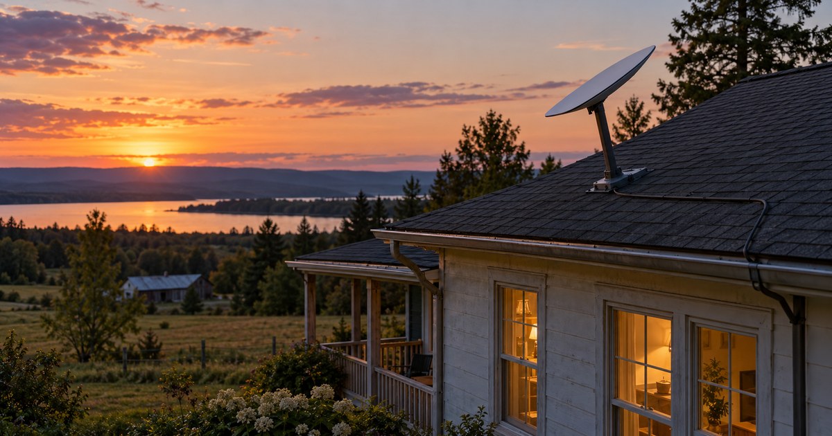 An unbranded satellite dish mounted on a rural house roof at dusk.