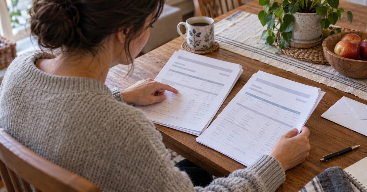 A woman compares two printed credit reports at a dining table.
