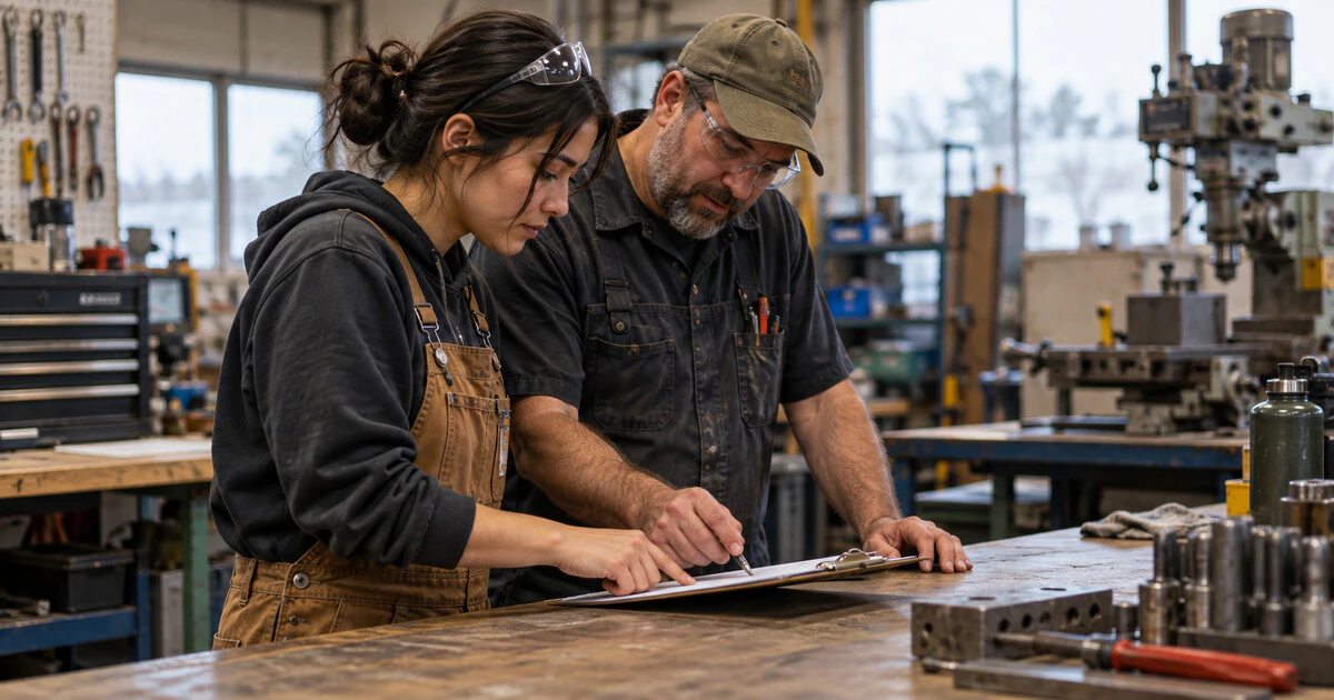 A workplace mentor and trainee review a clipboard in a machine shop.