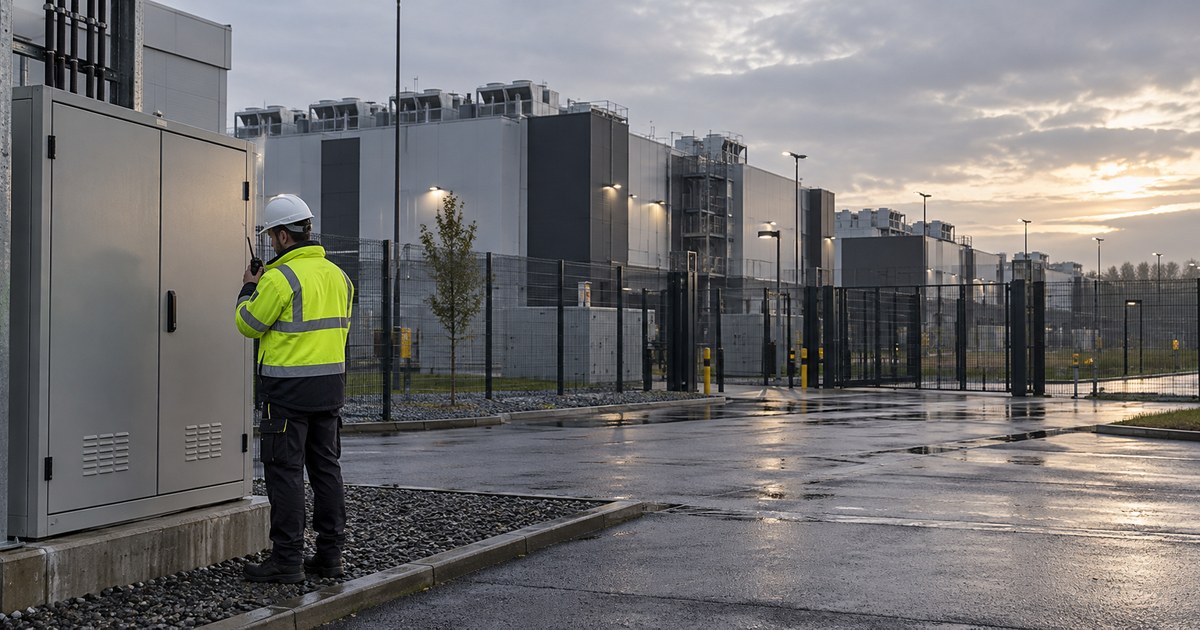 A facilities engineer checks an electrical cabinet outside an anonymous data-centre campus in an illustrative scene.