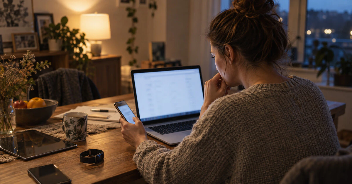 A person reviews account connections on a laptop beside a phone and older devices.