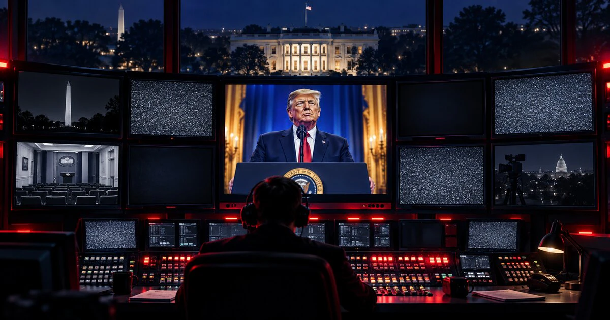A broadcast operator faces a central screen showing Donald Trump while surrounding television feeds display static or darkness, with the White House beyond.