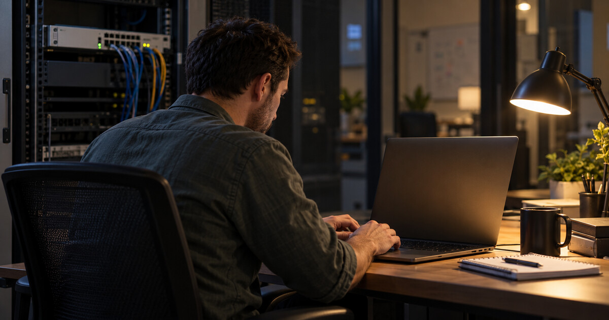 A systems administrator works on a laptop beside a network appliance rack late at night.