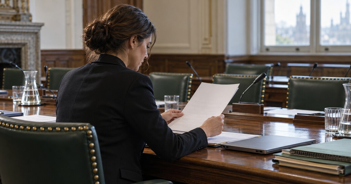 A cybersecurity policy adviser reads an incident briefing in an empty committee room.