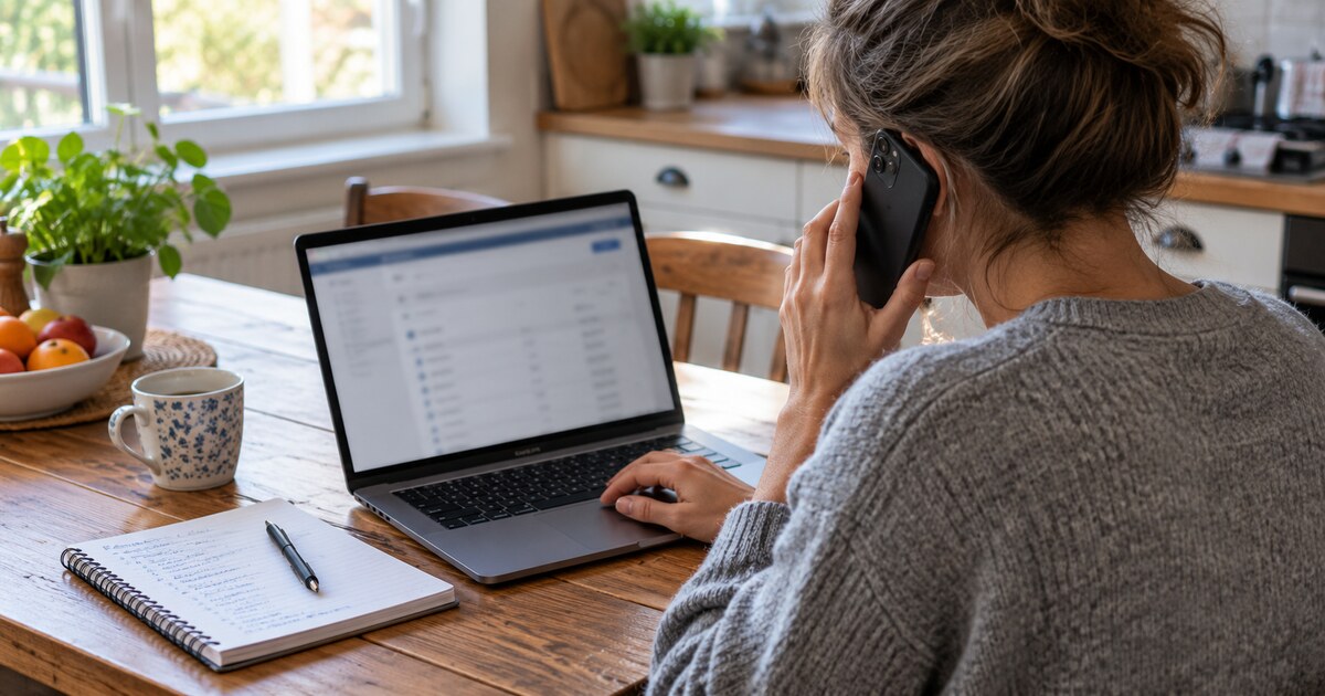 A woman checks account activity on a laptop while speaking on the phone at a kitchen table.