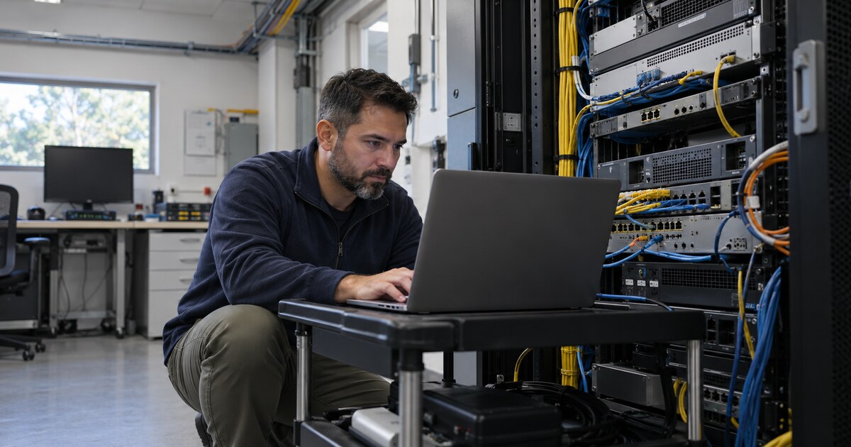 A network engineer works on a laptop beside an equipment rack in a server room.