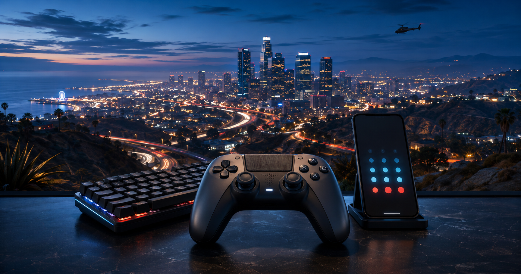 PlayStation controller over a city skyline for a GTA San Andreas cheat guide