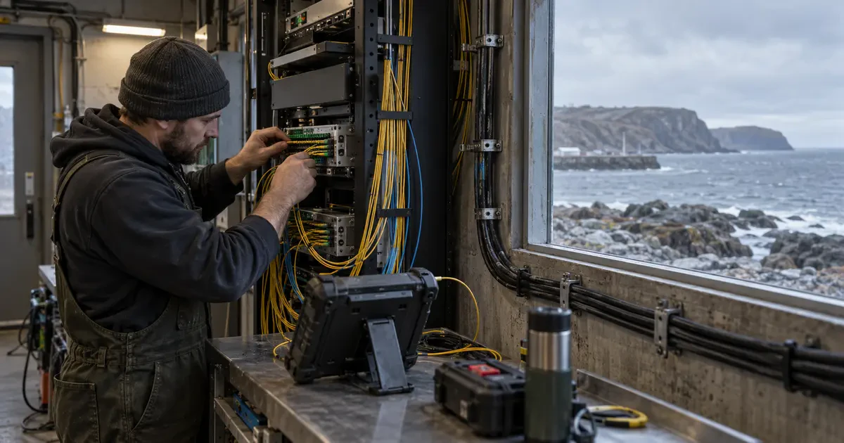 A network technician connects fibre equipment inside a coastal telecommunications facility.