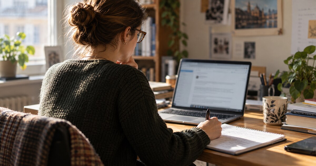 A policy researcher reviews an email on a laptop while taking notes at a sunlit office desk.
