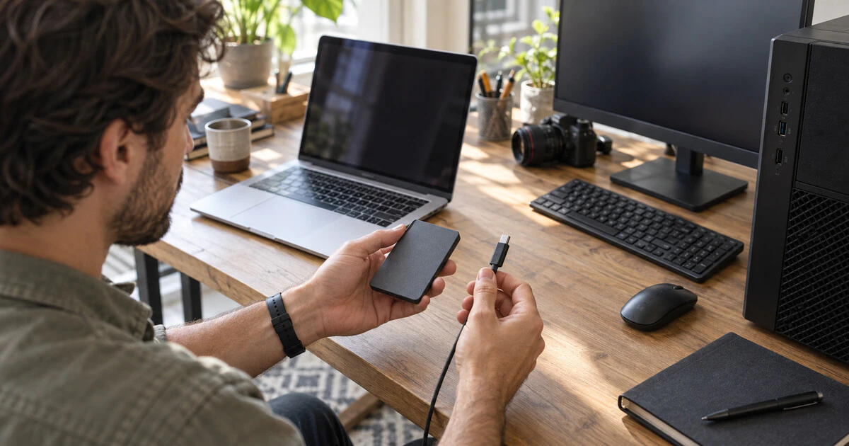 A person holds a portable drive and USB-C cable between a laptop and desktop computer.