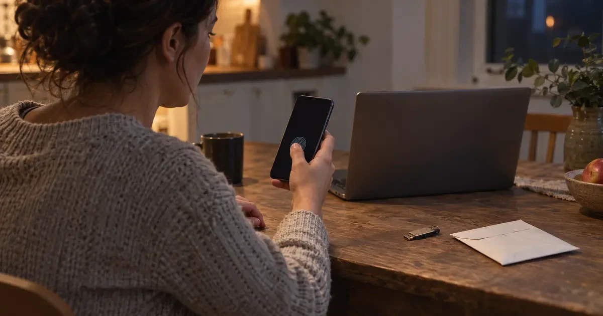 A person uses biometric sign-in on a phone beside a laptop, security key and recovery envelope.