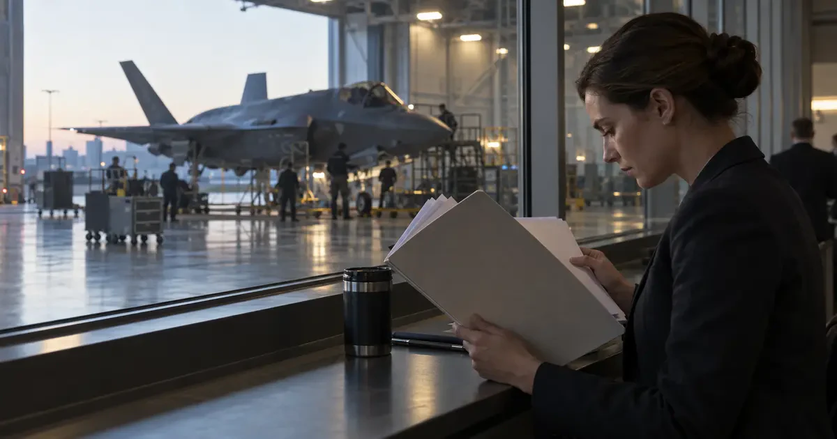 A defence aide reviews a briefing folder while a stealth fighter is serviced inside a secure hangar.