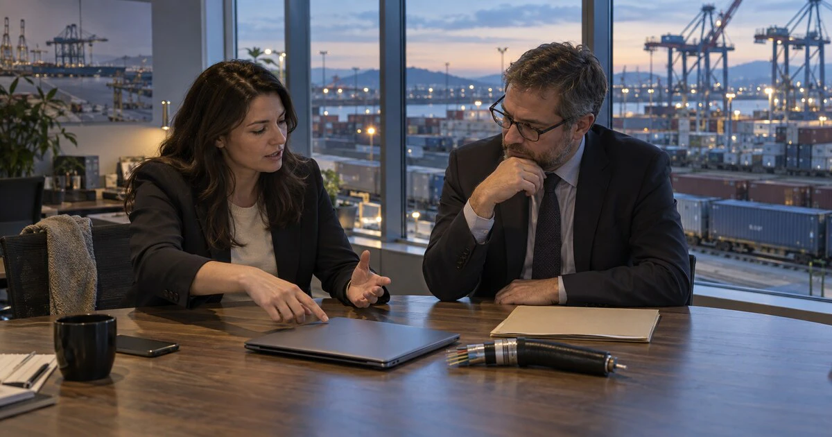 A Canadian and European trade specialist discuss technology cooperation in an office overlooking a cargo terminal.