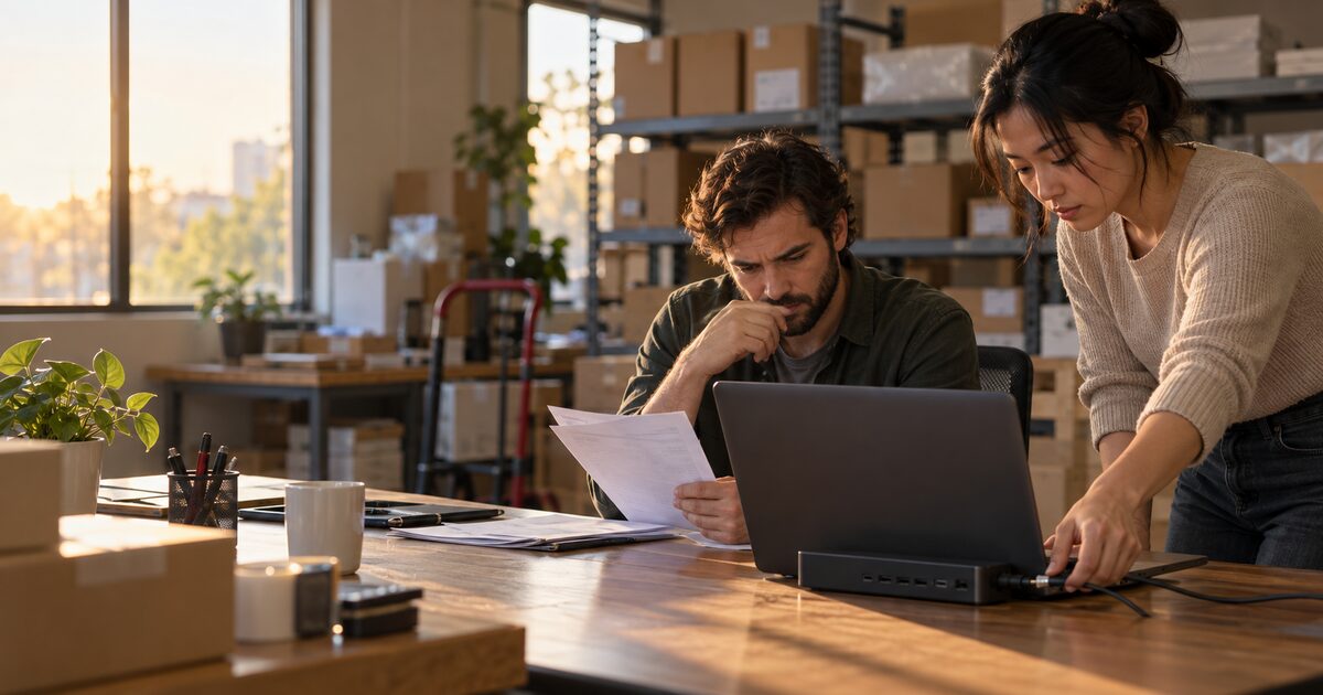 Two online-retail staff review incident logs while disconnecting a laptop from the network in a warehouse office.