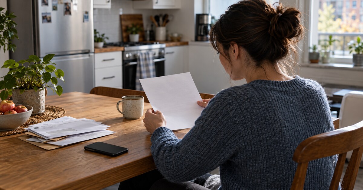 A person reads a data-breach notice at a kitchen table with a face-down phone nearby.