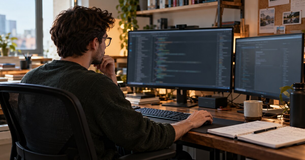 A software developer studies code on two monitors at a home office desk.