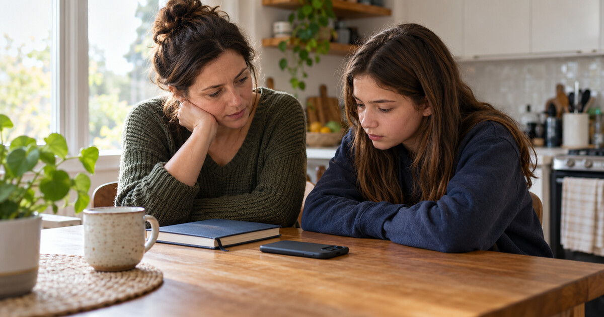 A parent and teenage daughter sit together at a kitchen table with a face-down phone.