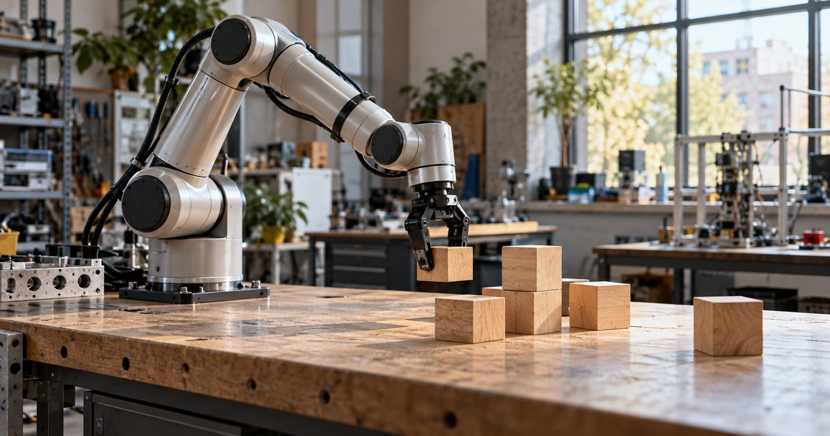 A robotic arm grips a wooden block in a research lab.