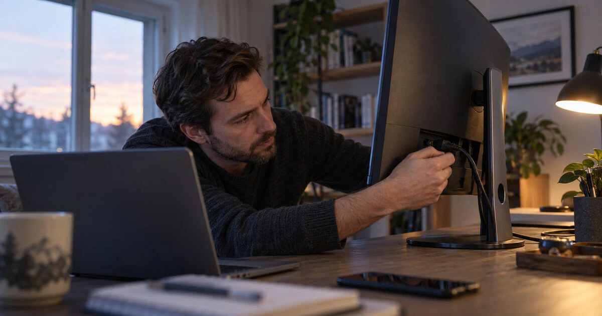 A person reseats a display cable in the back of an external monitor at a home desk.