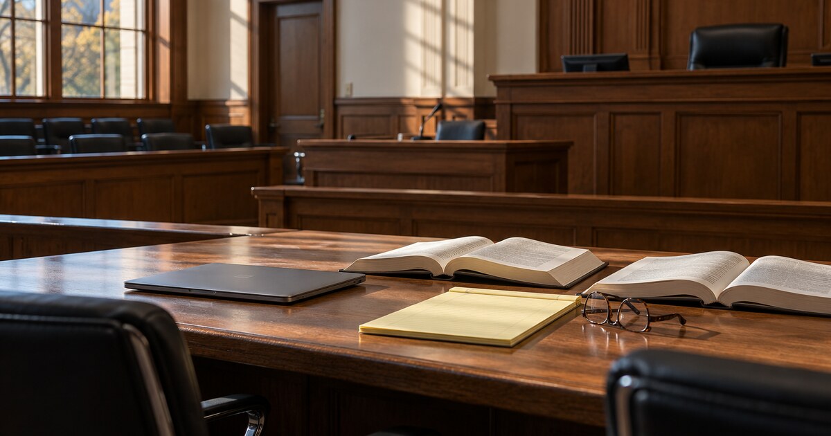 An empty courtroom counsel table holds law books, a closed laptop, a legal pad and reading glasses.