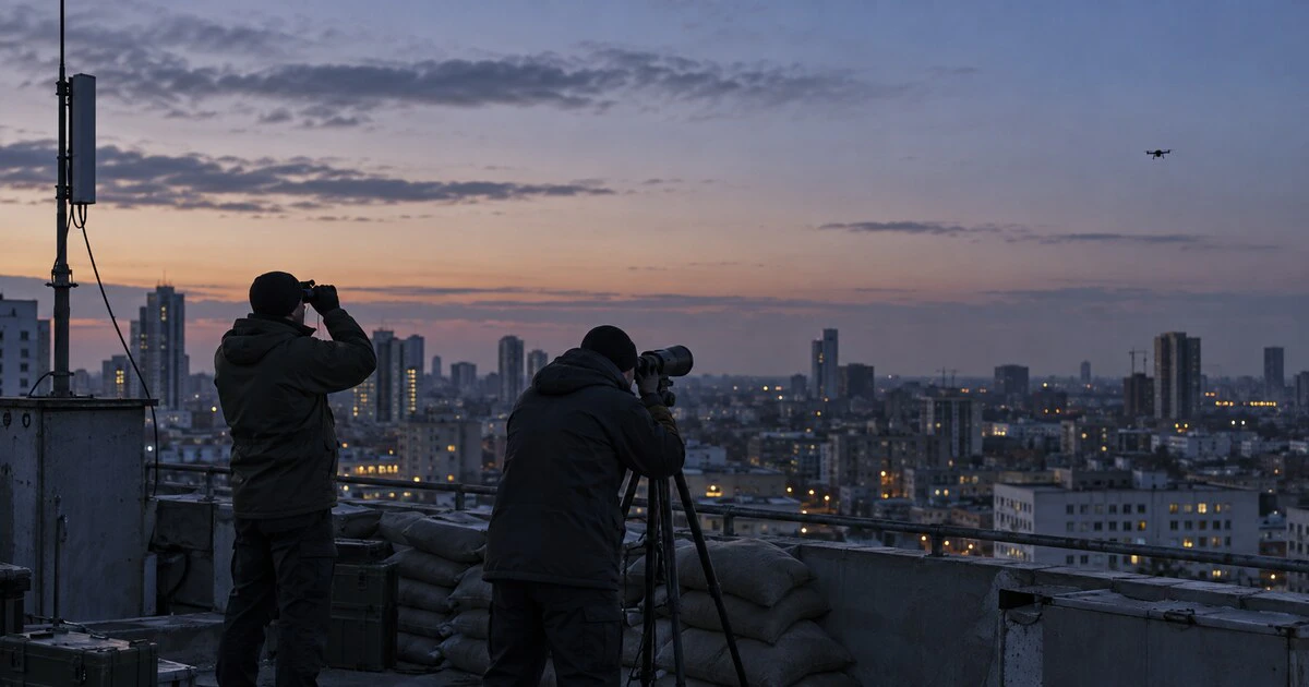 Two air-defence observers track a distant drone above a city at dusk.
