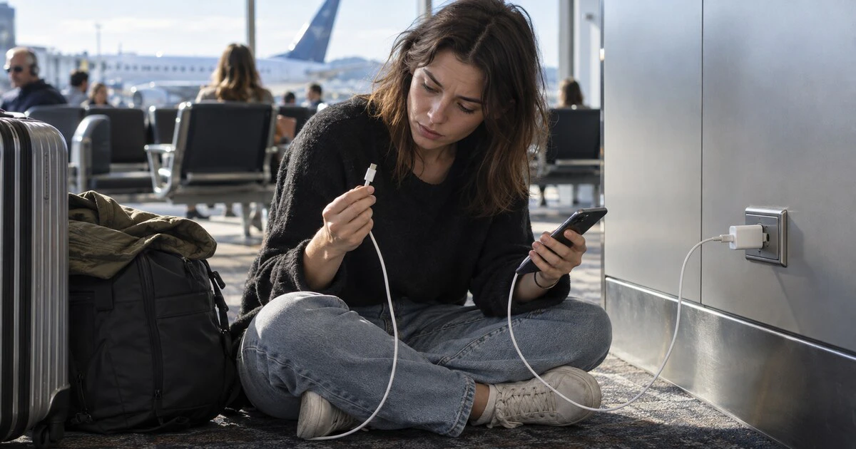 A traveller compares charging cables beside a wall outlet in an airport lounge.